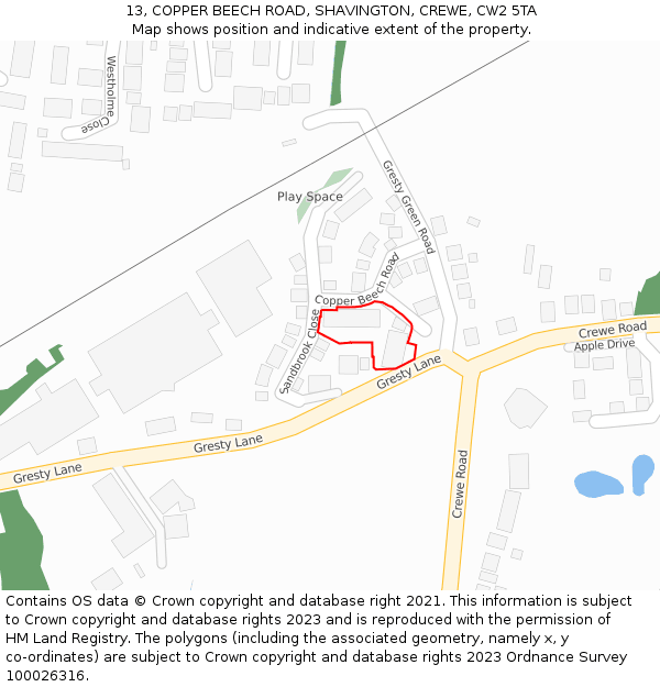 13, COPPER BEECH ROAD, SHAVINGTON, CREWE, CW2 5TA: Location map and indicative extent of plot