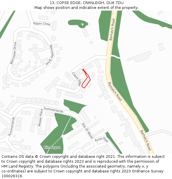 13, COPSE EDGE, CRANLEIGH, GU6 7DU: Location map and indicative extent of plot