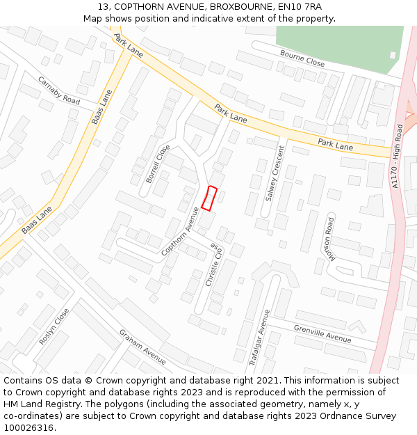 13, COPTHORN AVENUE, BROXBOURNE, EN10 7RA: Location map and indicative extent of plot