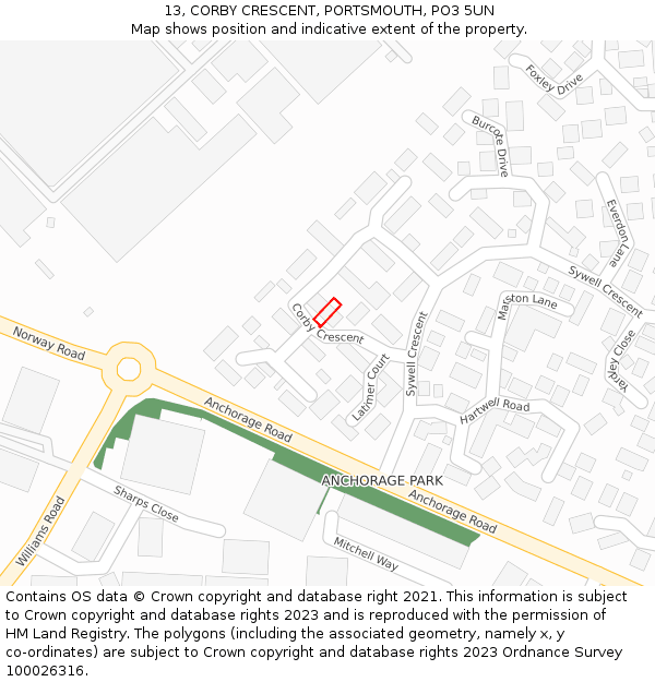 13, CORBY CRESCENT, PORTSMOUTH, PO3 5UN: Location map and indicative extent of plot