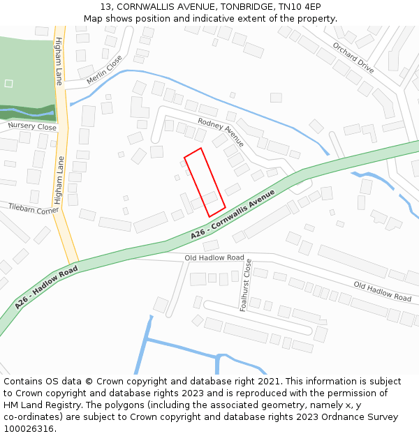 13, CORNWALLIS AVENUE, TONBRIDGE, TN10 4EP: Location map and indicative extent of plot