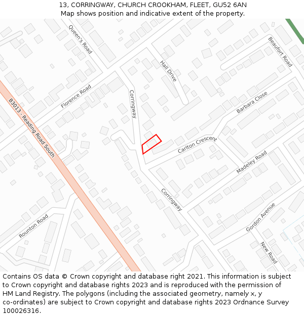 13, CORRINGWAY, CHURCH CROOKHAM, FLEET, GU52 6AN: Location map and indicative extent of plot