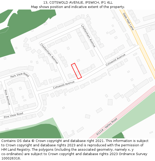 13, COTSWOLD AVENUE, IPSWICH, IP1 4LL: Location map and indicative extent of plot