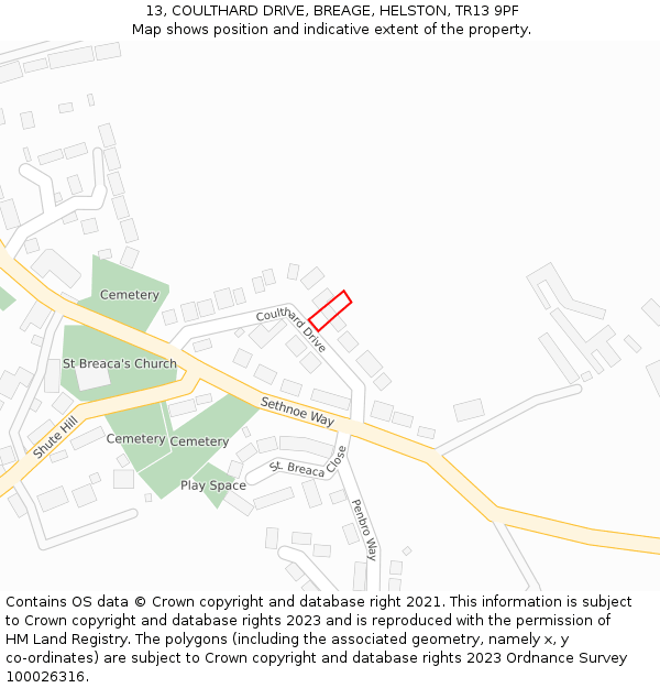 13, COULTHARD DRIVE, BREAGE, HELSTON, TR13 9PF: Location map and indicative extent of plot