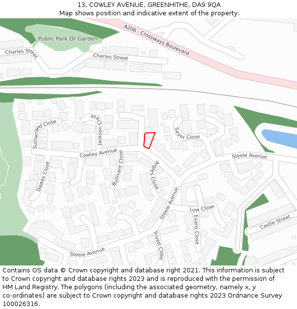 13, COWLEY AVENUE, GREENHITHE, DA9 9QA: Location map and indicative extent of plot