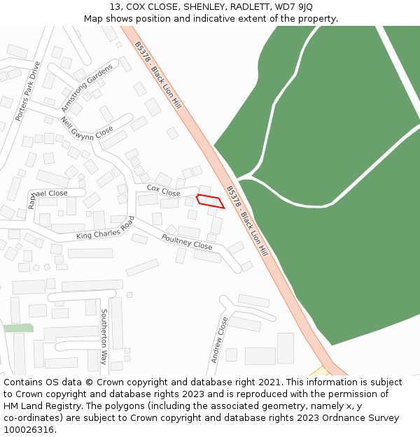 13, COX CLOSE, SHENLEY, RADLETT, WD7 9JQ: Location map and indicative extent of plot