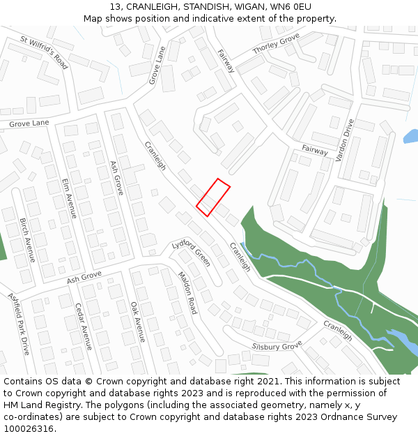 13, CRANLEIGH, STANDISH, WIGAN, WN6 0EU: Location map and indicative extent of plot