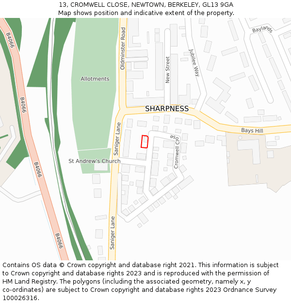 13, CROMWELL CLOSE, NEWTOWN, BERKELEY, GL13 9GA: Location map and indicative extent of plot