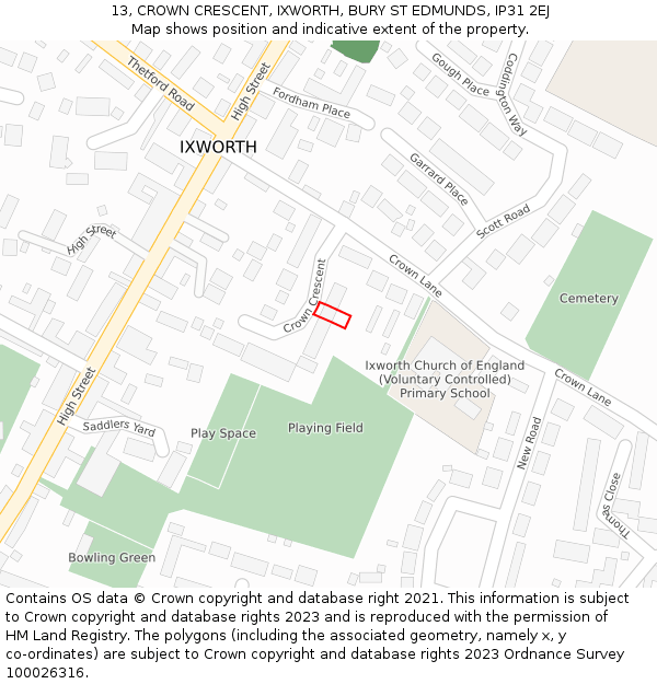 13, CROWN CRESCENT, IXWORTH, BURY ST EDMUNDS, IP31 2EJ: Location map and indicative extent of plot