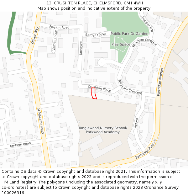 13, CRUSHTON PLACE, CHELMSFORD, CM1 4WH: Location map and indicative extent of plot