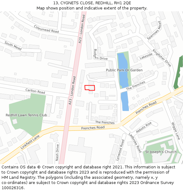 13, CYGNETS CLOSE, REDHILL, RH1 2QE: Location map and indicative extent of plot