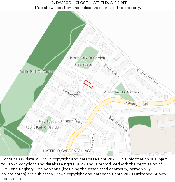 13, DAFFODIL CLOSE, HATFIELD, AL10 9FF: Location map and indicative extent of plot