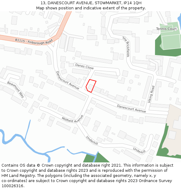 13, DANESCOURT AVENUE, STOWMARKET, IP14 1QH: Location map and indicative extent of plot