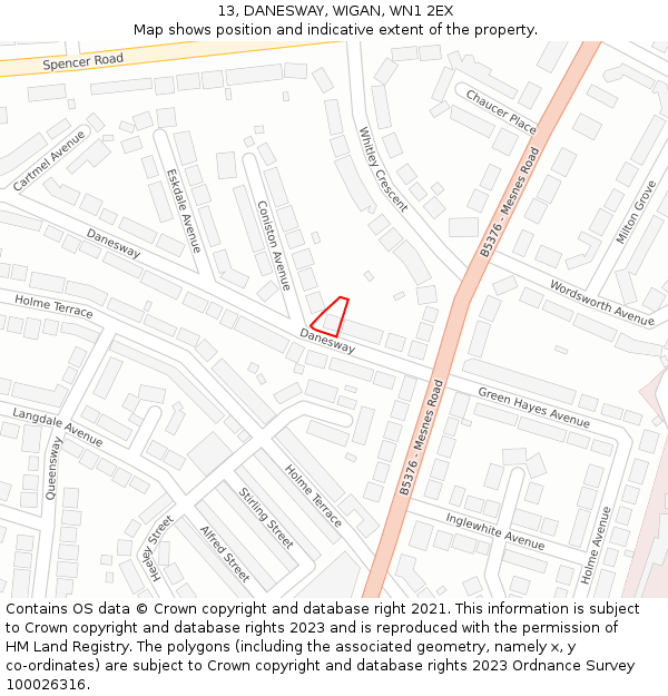 13, DANESWAY, WIGAN, WN1 2EX: Location map and indicative extent of plot