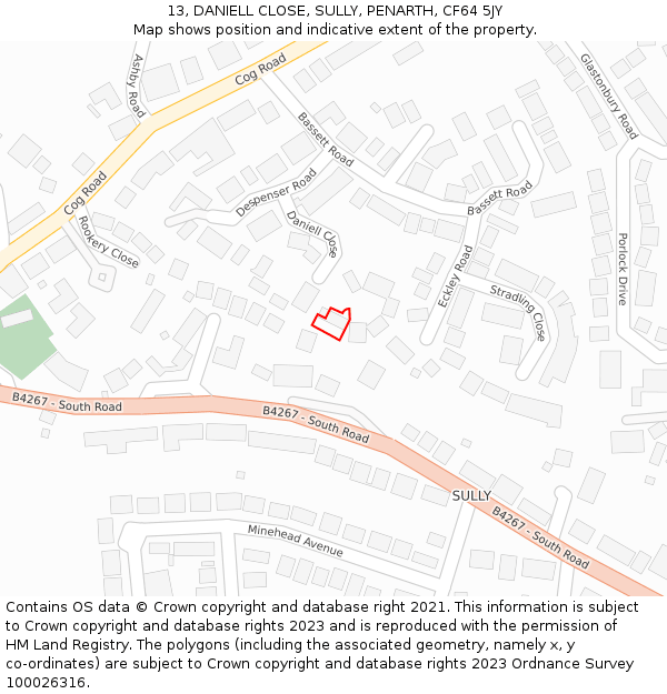 13, DANIELL CLOSE, SULLY, PENARTH, CF64 5JY: Location map and indicative extent of plot