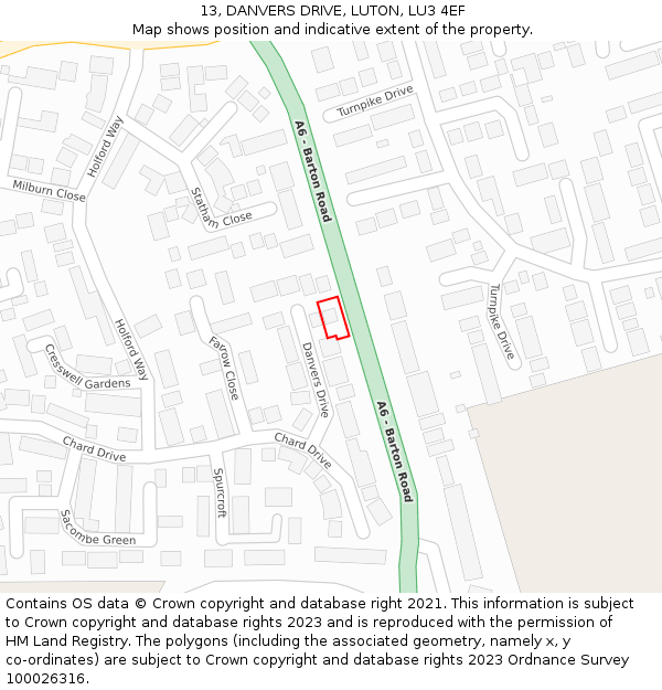 13, DANVERS DRIVE, LUTON, LU3 4EF: Location map and indicative extent of plot