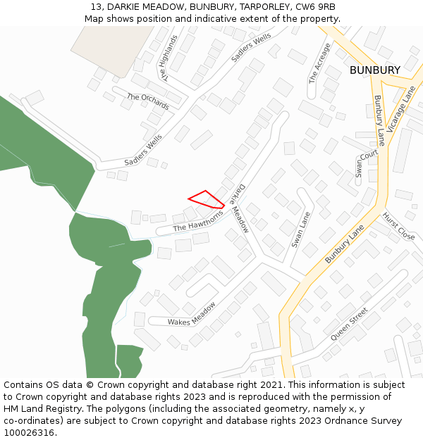 13, DARKIE MEADOW, BUNBURY, TARPORLEY, CW6 9RB: Location map and indicative extent of plot