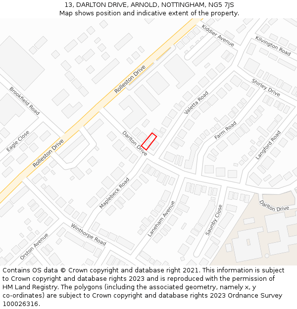 13, DARLTON DRIVE, ARNOLD, NOTTINGHAM, NG5 7JS: Location map and indicative extent of plot