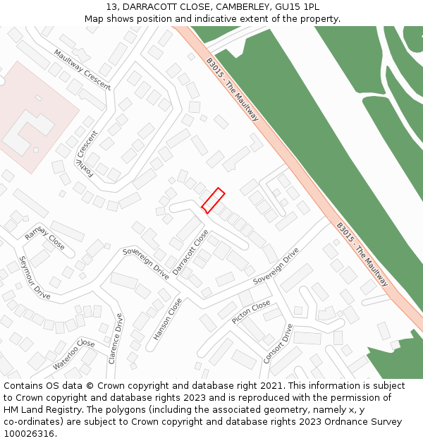 13, DARRACOTT CLOSE, CAMBERLEY, GU15 1PL: Location map and indicative extent of plot