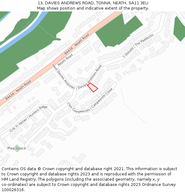 13, DAVIES ANDREWS ROAD, TONNA, NEATH, SA11 3EU: Location map and indicative extent of plot
