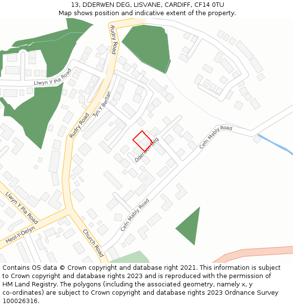 13, DDERWEN DEG, LISVANE, CARDIFF, CF14 0TU: Location map and indicative extent of plot