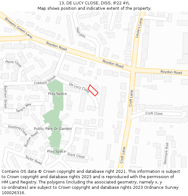 13, DE LUCY CLOSE, DISS, IP22 4YL: Location map and indicative extent of plot