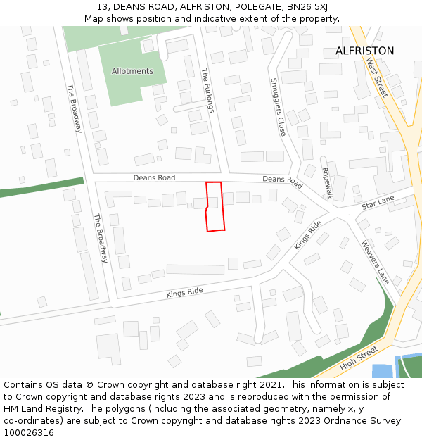 13, DEANS ROAD, ALFRISTON, POLEGATE, BN26 5XJ: Location map and indicative extent of plot