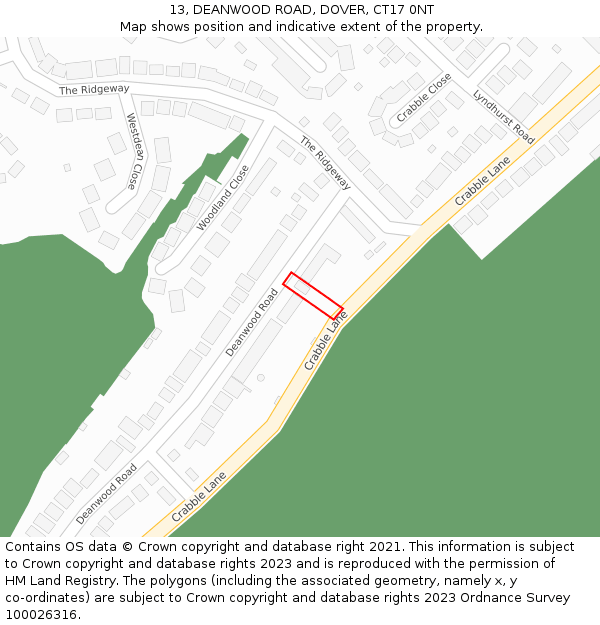 13, DEANWOOD ROAD, DOVER, CT17 0NT: Location map and indicative extent of plot