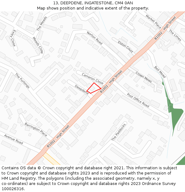 13, DEEPDENE, INGATESTONE, CM4 0AN: Location map and indicative extent of plot