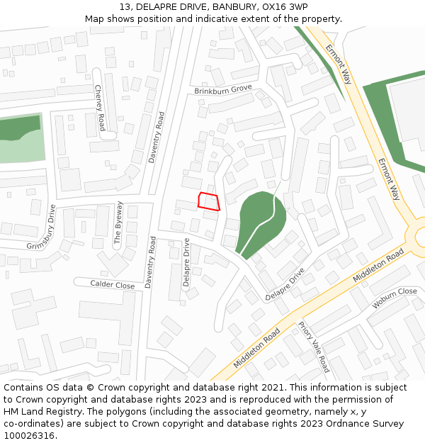 13, DELAPRE DRIVE, BANBURY, OX16 3WP: Location map and indicative extent of plot