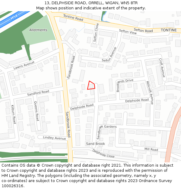 13, DELPHSIDE ROAD, ORRELL, WIGAN, WN5 8TR: Location map and indicative extent of plot