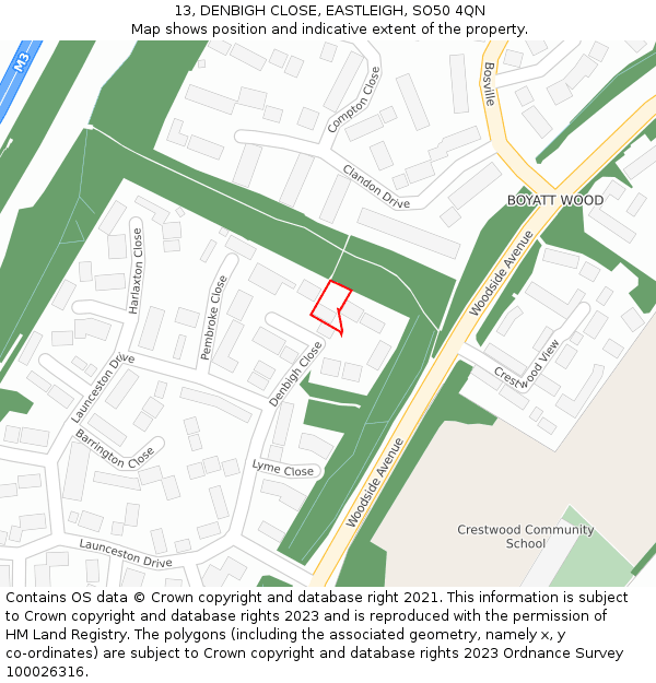 13, DENBIGH CLOSE, EASTLEIGH, SO50 4QN: Location map and indicative extent of plot