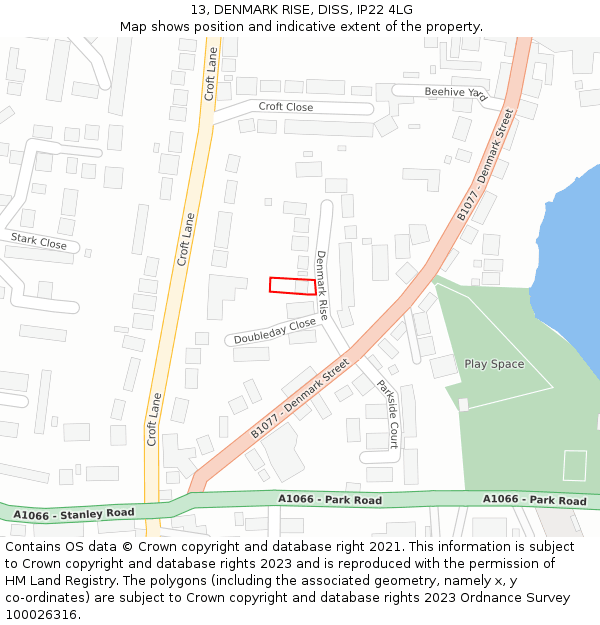 13, DENMARK RISE, DISS, IP22 4LG: Location map and indicative extent of plot