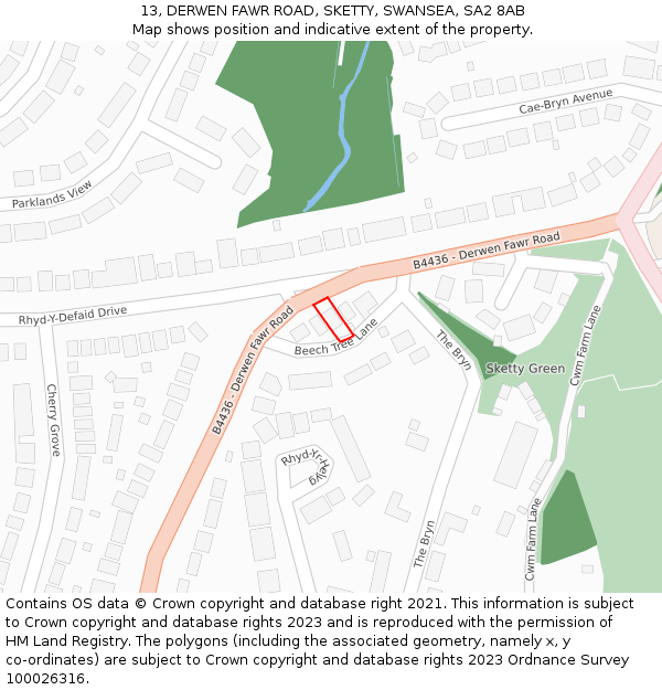 13, DERWEN FAWR ROAD, SKETTY, SWANSEA, SA2 8AB: Location map and indicative extent of plot