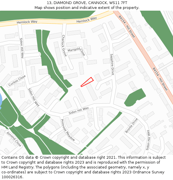 13, DIAMOND GROVE, CANNOCK, WS11 7FT: Location map and indicative extent of plot