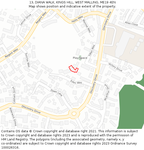 13, DIANA WALK, KINGS HILL, WEST MALLING, ME19 4EN: Location map and indicative extent of plot