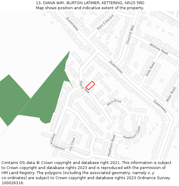 13, DIANA WAY, BURTON LATIMER, KETTERING, NN15 5RD: Location map and indicative extent of plot