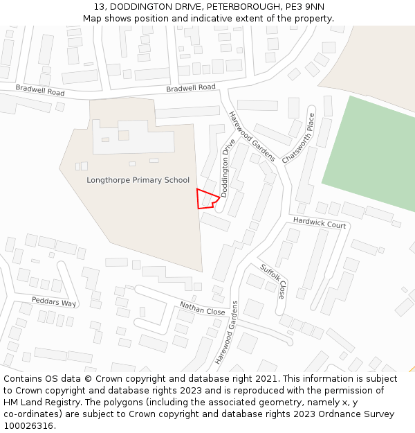 13, DODDINGTON DRIVE, PETERBOROUGH, PE3 9NN: Location map and indicative extent of plot