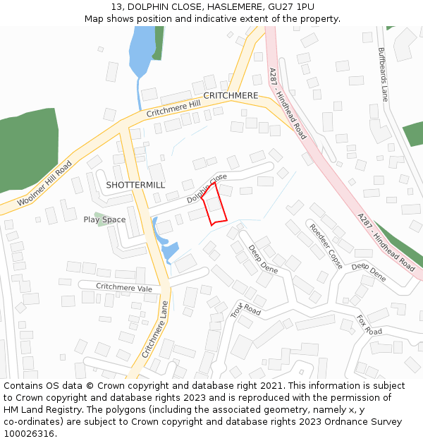 13, DOLPHIN CLOSE, HASLEMERE, GU27 1PU: Location map and indicative extent of plot