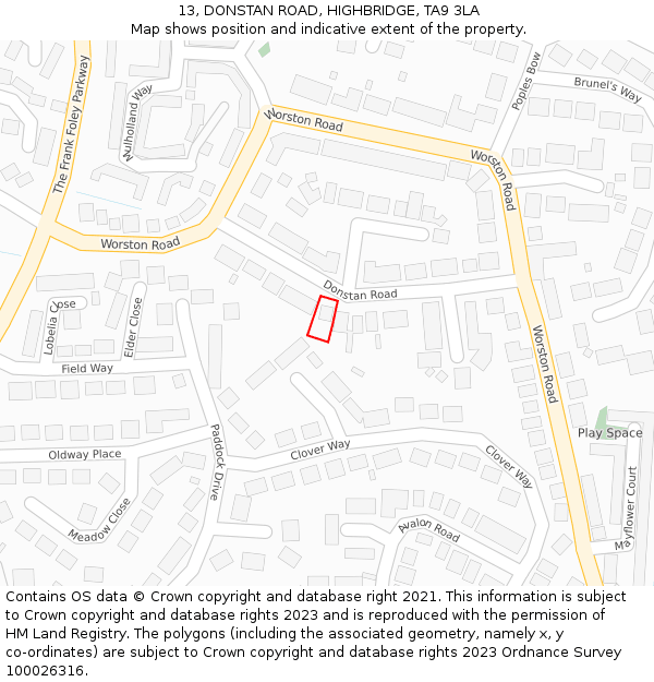 13, DONSTAN ROAD, HIGHBRIDGE, TA9 3LA: Location map and indicative extent of plot