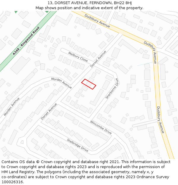 13, DORSET AVENUE, FERNDOWN, BH22 8HJ: Location map and indicative extent of plot