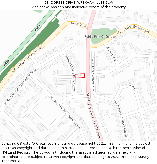 13, DORSET DRIVE, WREXHAM, LL11 2UW: Location map and indicative extent of plot