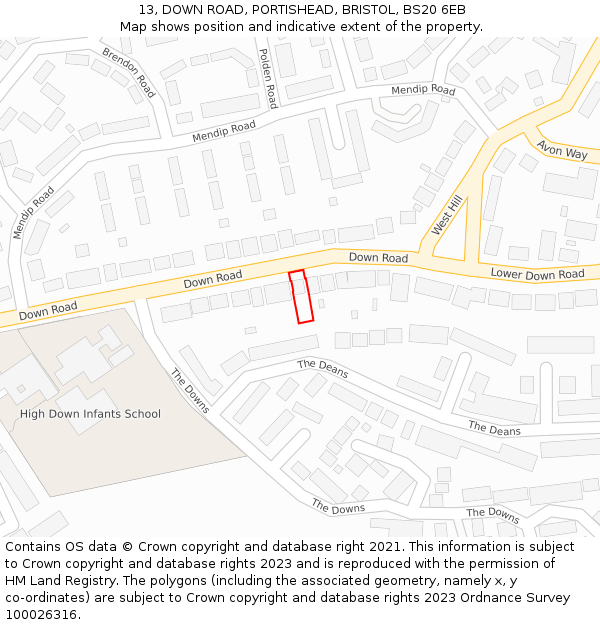 13, DOWN ROAD, PORTISHEAD, BRISTOL, BS20 6EB: Location map and indicative extent of plot