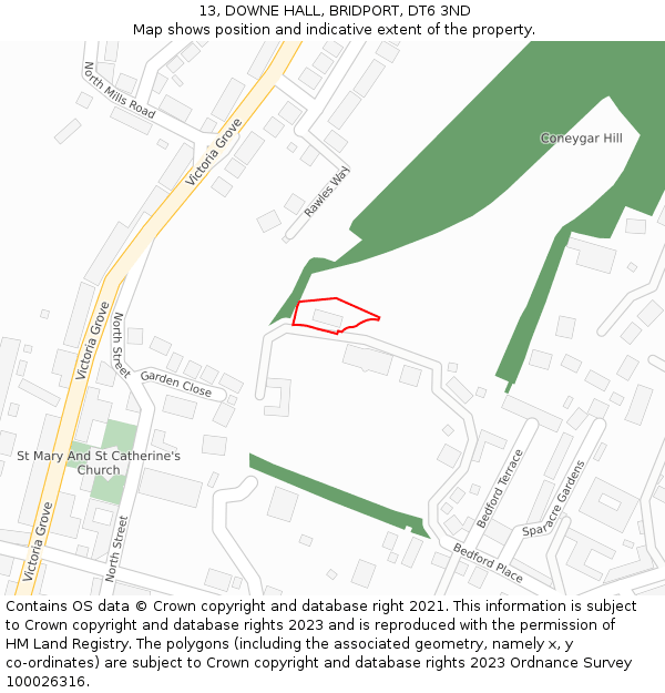 13, DOWNE HALL, BRIDPORT, DT6 3ND: Location map and indicative extent of plot