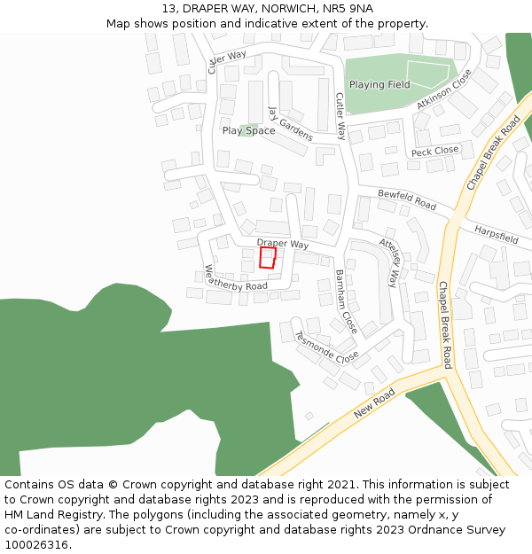 13, DRAPER WAY, NORWICH, NR5 9NA: Location map and indicative extent of plot