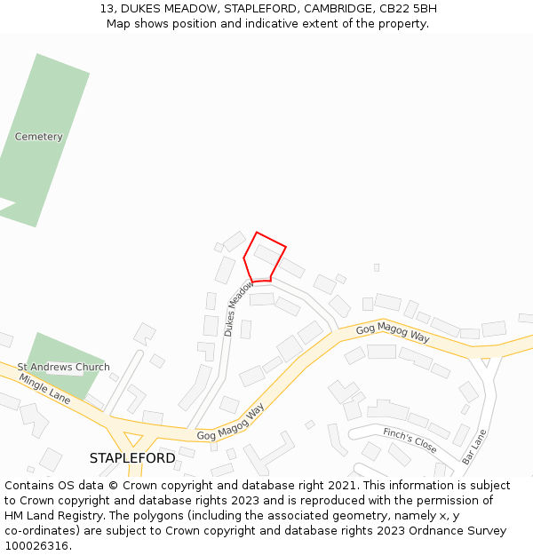 13, DUKES MEADOW, STAPLEFORD, CAMBRIDGE, CB22 5BH: Location map and indicative extent of plot