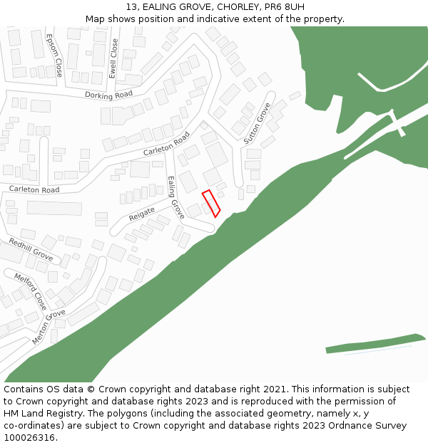 13, EALING GROVE, CHORLEY, PR6 8UH: Location map and indicative extent of plot