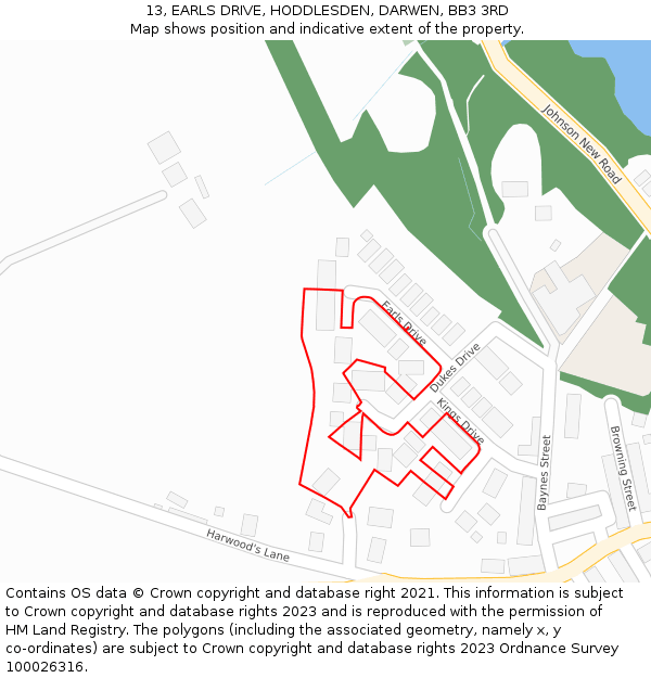 13, EARLS DRIVE, HODDLESDEN, DARWEN, BB3 3RD: Location map and indicative extent of plot