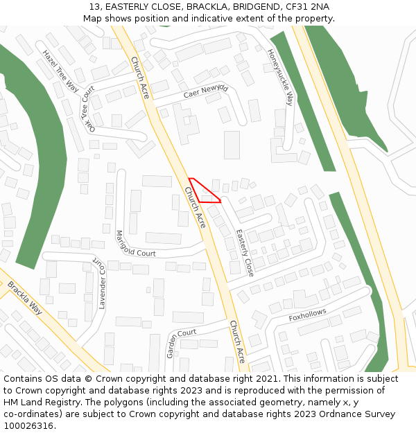 13, EASTERLY CLOSE, BRACKLA, BRIDGEND, CF31 2NA: Location map and indicative extent of plot