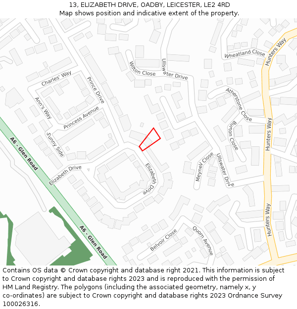 13, ELIZABETH DRIVE, OADBY, LEICESTER, LE2 4RD: Location map and indicative extent of plot